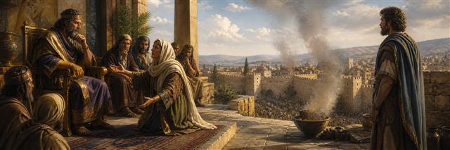 The wise woman of Tekoa appealing to David while Absalom waits beyond